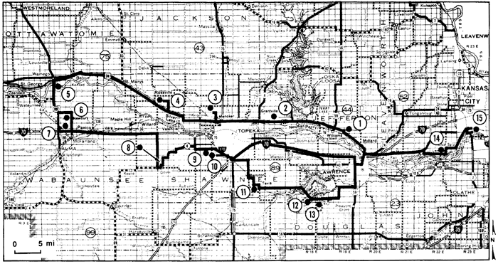 Map of NE Kansas showing general route of trip and stops made on the two days.