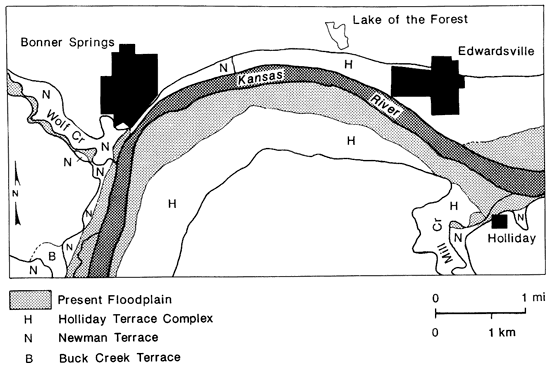 Map of Kansas River between Bonner Springs and Edwardsville showing present floodplain and terraces.