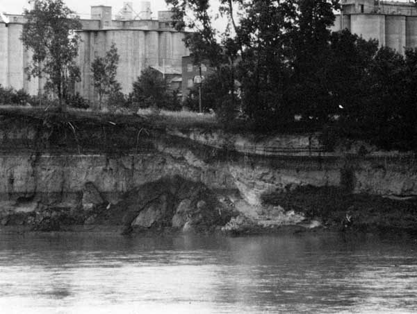 Black and white photo of steeply eroded river bank; grain elevators in background; dark and light bands of fill of two terraces shown.