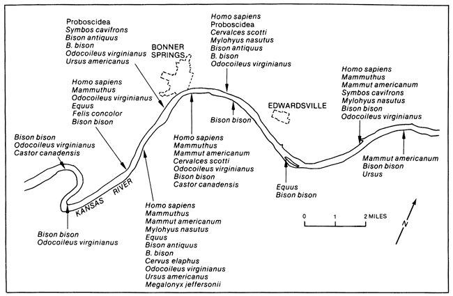 Map of Kansas River in Bonner Springs-Edwardsville area showing fossils found.