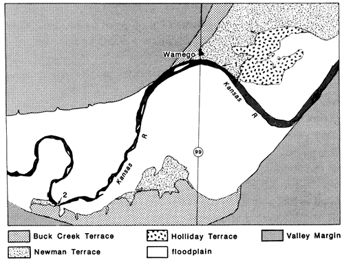 Buck Creek Terrace between floodplain and valley margin; Newman and Holliday terraces in some areas between Buck Creek and floodplain.