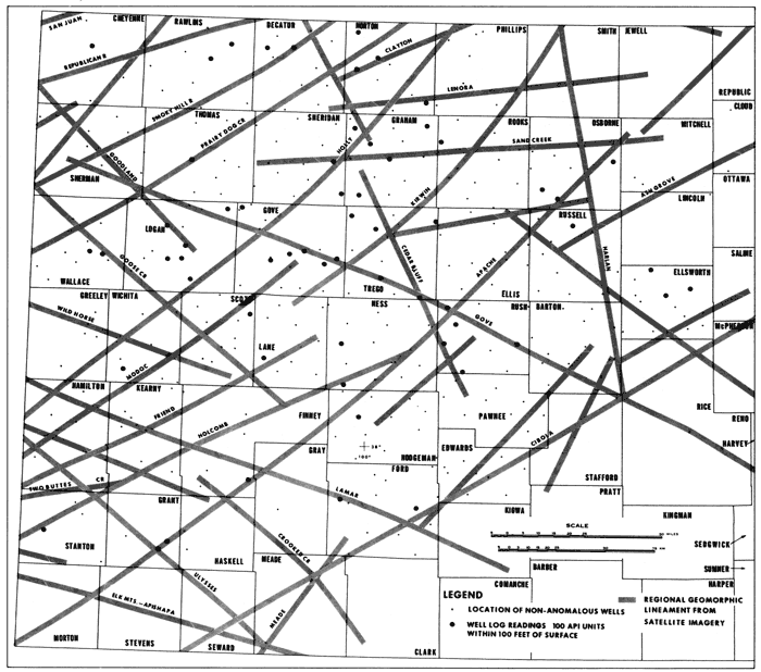 Map of western Kansas showing lineaments and points showing wells with non-anomalous and anomalous readings.