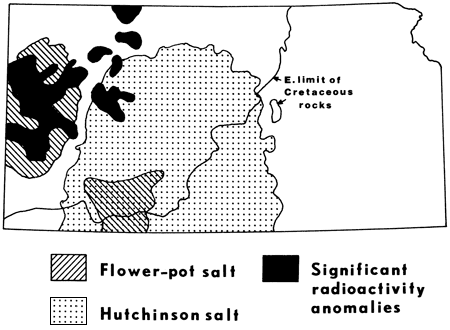 Kansas shown with Flower-pot salt in southwest part of Hutchinson salt zone; also in far western counties, matching where some of the significant radioactive anomalies are located.