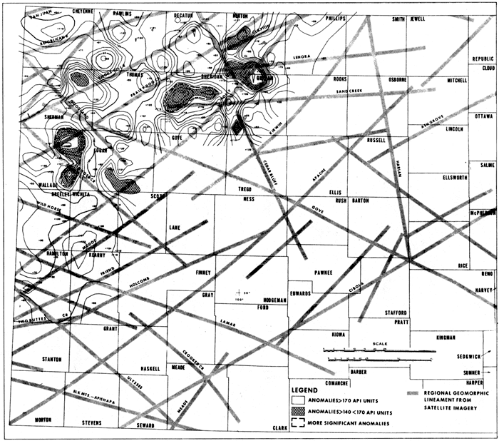 Map of western Kansas with regional lineaments and gamma-ray log values; highs in eastern Wallace, southern Logan, NE Sherman, northern Sheridan, northern Graham, and Norton