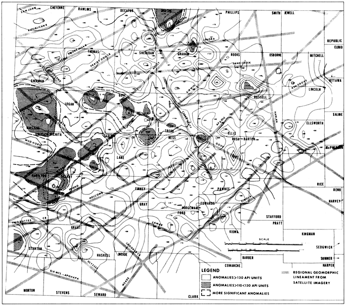 Map of western Kansas with regional lineaments and gamma-ray log values; highs in much of Wallace, northern Norton, and Scott-Wichita-Hamilton-Kearny areas