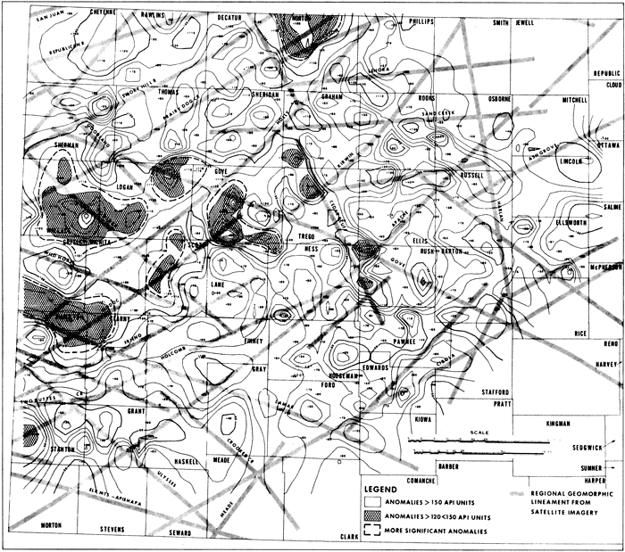 Map of western Kansas with regional lineaments and gamma-ray log values; highs in Wallace-Logan, Gove, northern Norton, and Greeley-Hamilton areas