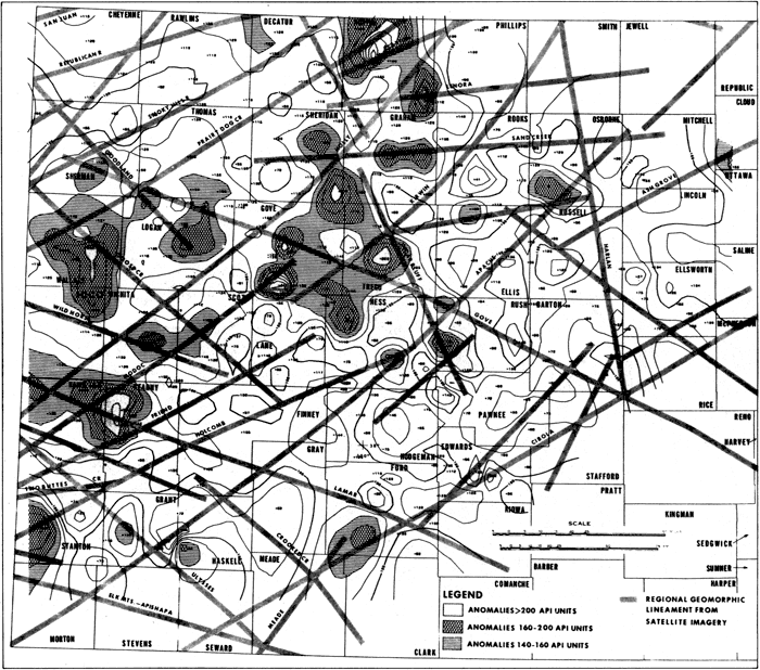 Map of western Kansas with regional lineaments and highest gamma-ray log values in Dakota