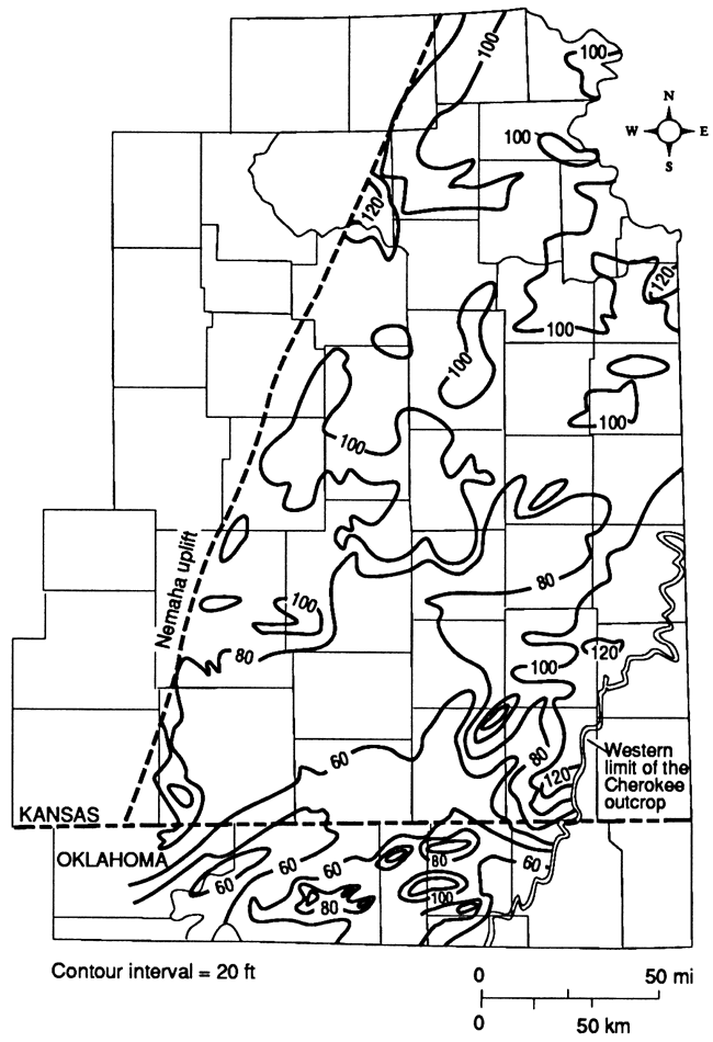 As thick as 100 ft in most of eastern Kansas; rises to 120 ft in east and drops to 60-80 ft in south.