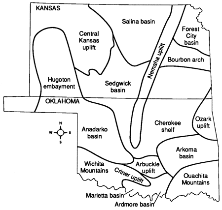 Cherokee shelf separated from Sedgwick basin by Nemaha uplift; to north of shelf is Bourbon Srch; to south is Arkoma basin.