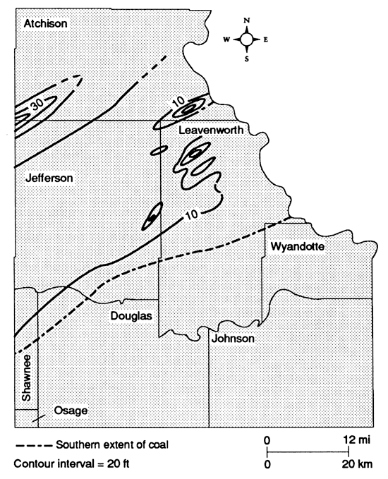 Thickness of 10 ft in most of area; as thick as 30 ft in Atchison and Jefferson; coal as far south as Leavenworth-Wyandotte line west to Douglas-Shawnee.