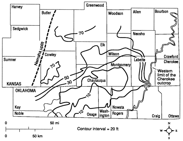 Thickness ranges from 10 ft in most of NE Oklahoma and Chautauqua and Montgomery co. in Kansas; thickens to N to 70 ft in Butler and Greenwood.