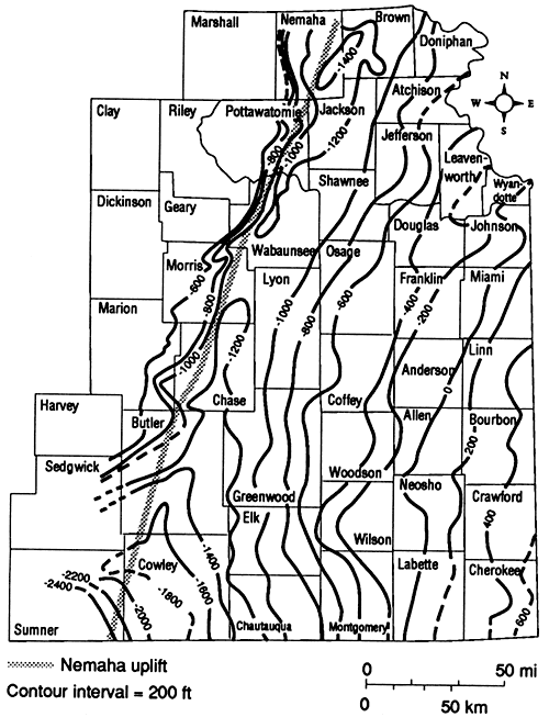 Desmoinesian strat at 400 ft in Cherokee, Crawford, and Bourbon counries; frops to west at -1000 in a line from Chautauqua to Broan and Doniphan; Nemaha uplift trends from SUmner and Cowley co. NE to Nemaha County.