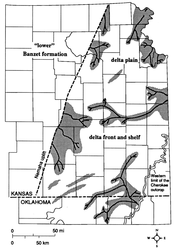 Map shows where streams and deltas were probably found when lower Bazet was being deposited.