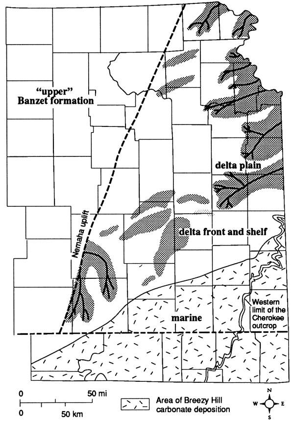 Map shows where streams and deltas were probably found when upper Bazet was being deposited; marine zones (Breezy Hill carbonate) found to south.