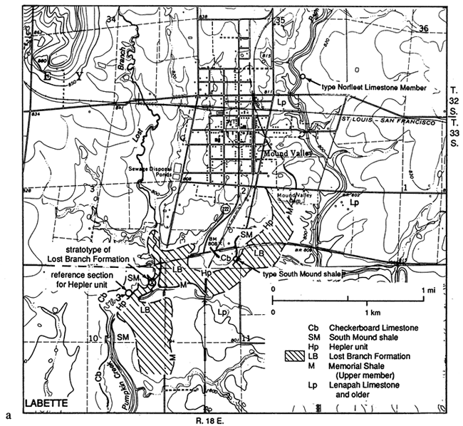 Topographic map of an area around Mound Valley showing some geologic information and location of stratotype, Lost Branch Fm.