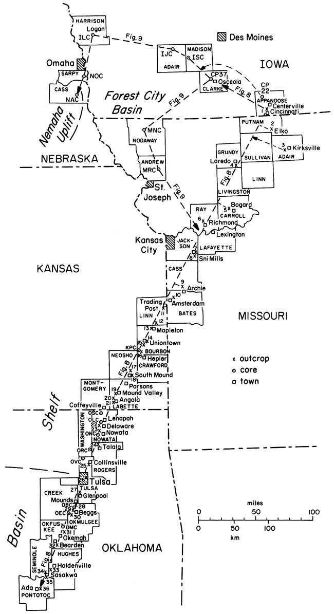 Cross section indicated on a map that covers from NE Oklahoma through SE Kansas, western Missouri, SE Nebraska, and SW Iowa.