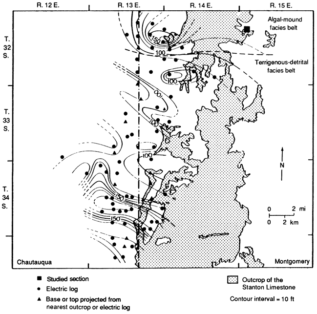 Stanton Ls as thick as 150 ft in eastern Chautauqua, drops to 100 ft thick in western Montgomery; rises to 150 again to north, in algal mound facies belt.