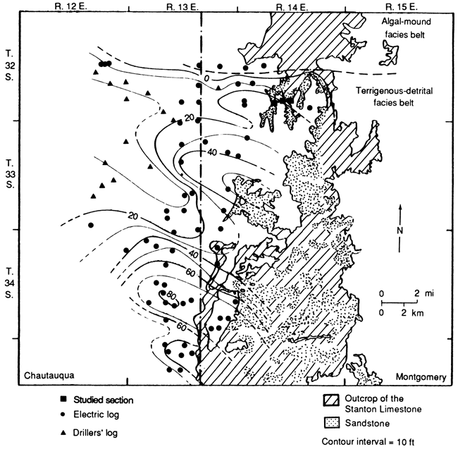 Net sand of Rock Lake Shale Mbr 80 ft in far SE Chautauqua County; srops to north to 0 at boundary between twrregenous-detrital facies belt and algal-mound facies belt.