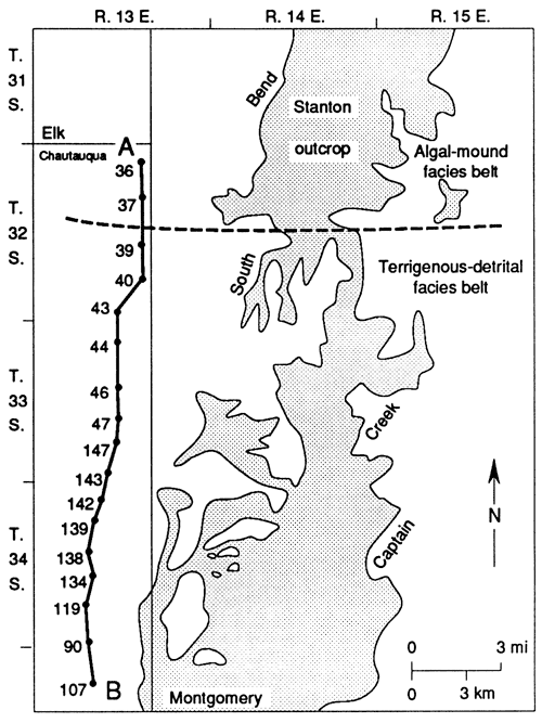 Index map showing location of cross section in eastern Chautauqua Co. and Stanton outcrop in western Montgomery Co.