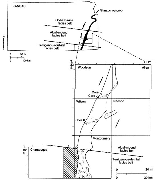 Map of Wodson, Allen, Wilson, Neosho, Chautauqua, and Montgomery counties showing study area and Rock Lake ss outcrops.