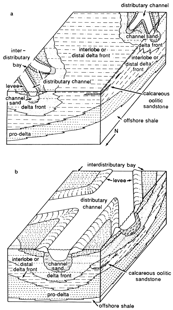 Two block diagrams showing depositional systems.
