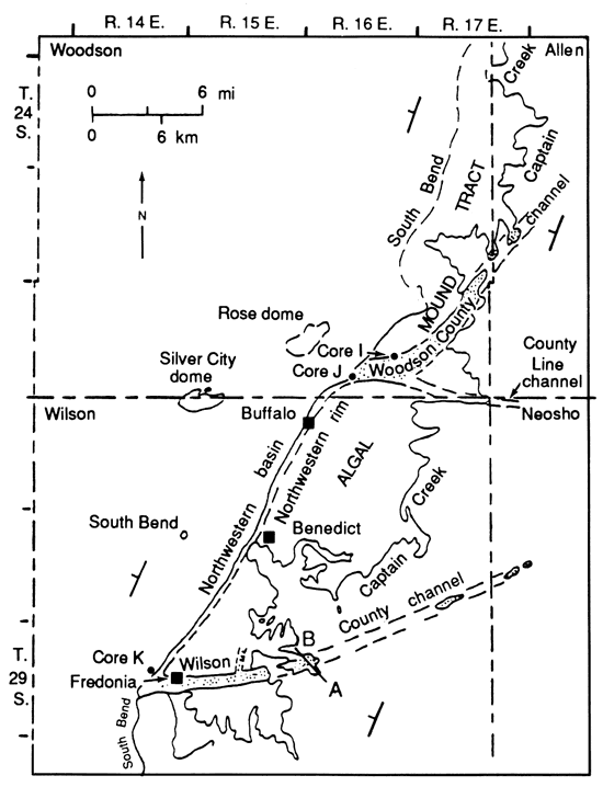 Map of Wilson and Woodson counties; algal tract frons from southern Wilson through eastern Woodson; core i and J inn southern Woodson, core K in southern Wilson.