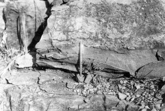 Black and white closeup of contact between South Bend Ls Mbr and Rock Lake Shale Mbr.