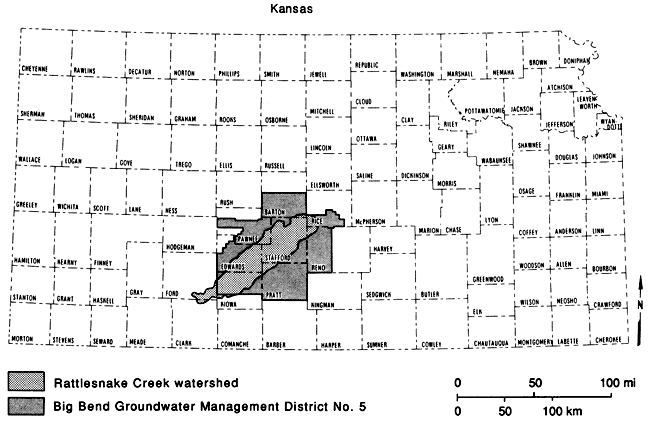 Map of Kansas; GMD 5 is in south-central Kansas, with Rattlesnake Creek watershed stretching from Ford and Kiowa NE to Rice.