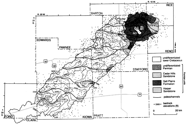 Salt Plains Fm in eastern part of watershed; undifferentiated lower Cretaceous in almost all of the rest; small parts of Harper and Cedar Hills SS in east.