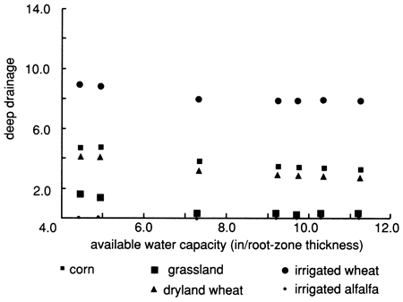 Deep drainage highest for irrigated wheat, lowest for grasland.