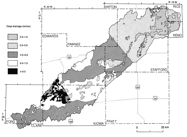 Deep drainage greater than 8 in parts of west watershed; less than 4 in eastern parts.