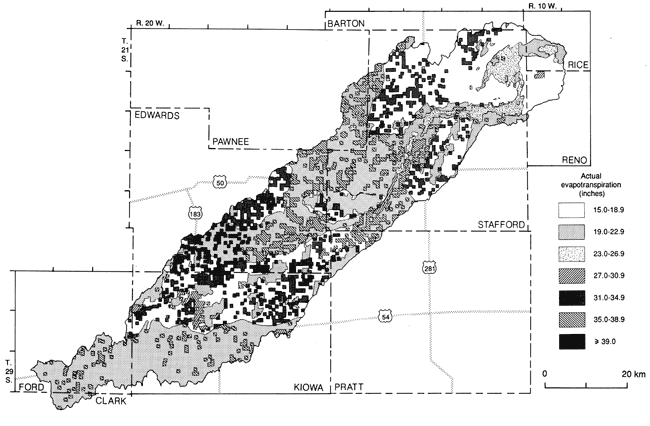 Evapotranspiration highest in southern Edwards, lower in east; values very scattered, however.