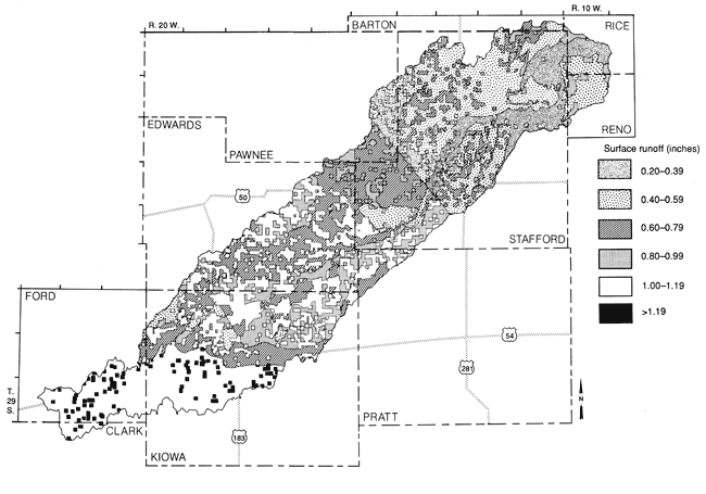 Highest runoff values in Ford and Kiowa counties; lower values in Stafford, Rice, and Reno counties.