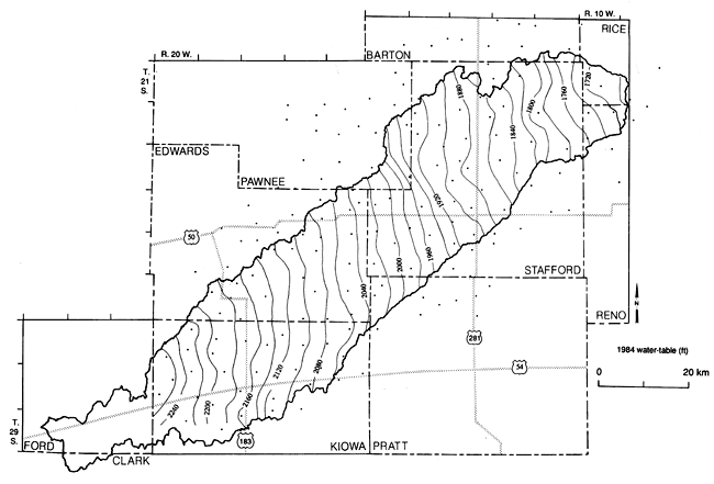 Water table at 2250 in west (Kiowa Co.) and 1720 in east (Rice Co.).