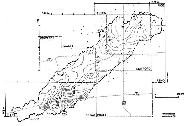 Water table 140 ft deep in southern Kiowa Co., 10 feet in SW Edwards, and 5 feet deep in eastern Stafford.