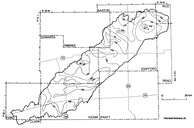 Saturated thickness as low as 50 feet in Kiowa and parts of Stafford; thickness rises to 250 ft in SE Edwards and 200 ft in northern Stafford.