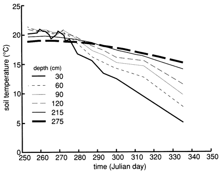 Soil temperatures all around 19-22 deg. C at start at all depths; temperatures decrease over time (several months), at end depper wells have dropped very little (15 deg. C at 275 cm), and shallower wells have dropped quite a bit (5 deg. C at 30 cm).