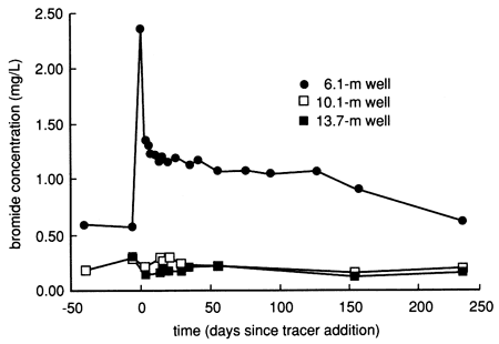 Concentration at 6.1 m well immediately rises from close to 0.5 to almost 2.5 mg/L; samples at 10.1 and 13.7 m show very little change.