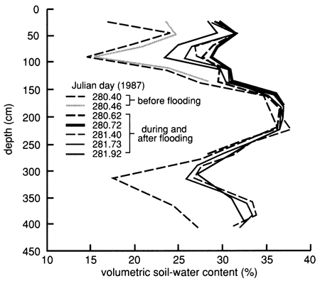 Soil-water content plotted against depth, for several different days.