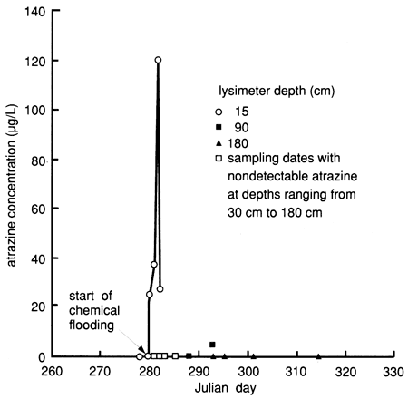 Only the lysimeter at 15 cm shows any response to flooding event.