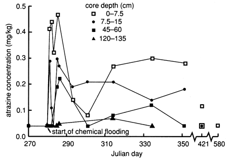 Atrazine based on soil cores shows greatest response at 0-7.5 CM, but even deepest samples (120-135) show some response.