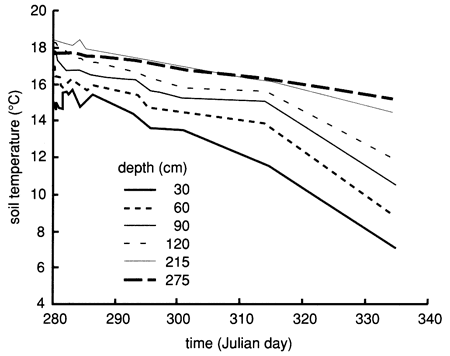 Soil temperatures range from around 14.5 to 18 deg. C at start; spread grows over time; deepest samples end at 16 deg C; 30 cm drops from 14.5 to around 8 deg. C.