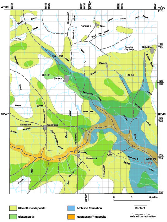 Map shows location of Glaciofluvial deposits, Nickerson till, Atchison Fm., and Nebraskan (?) deposits.