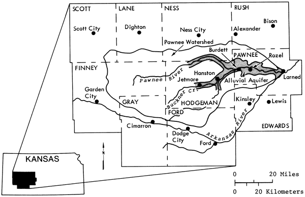 Pawnee Watershed covers large parts of Pawnee, Hodgeman, abd Finney counies in western Kansas, and small parts of surrounding counties Scott, Lane, Ness, Rush, Gray, Ford, and Edwards.