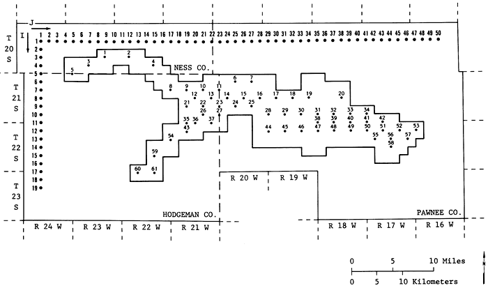 Map of study area in Hodgeman and Pawnee counties showing placement of 61 hypothetical well fields.