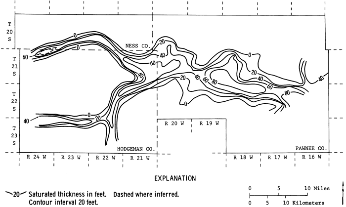 Saturated thickness 80 feet in central Pawnee; drops to 40-60 feet in eastern Hodgeman.