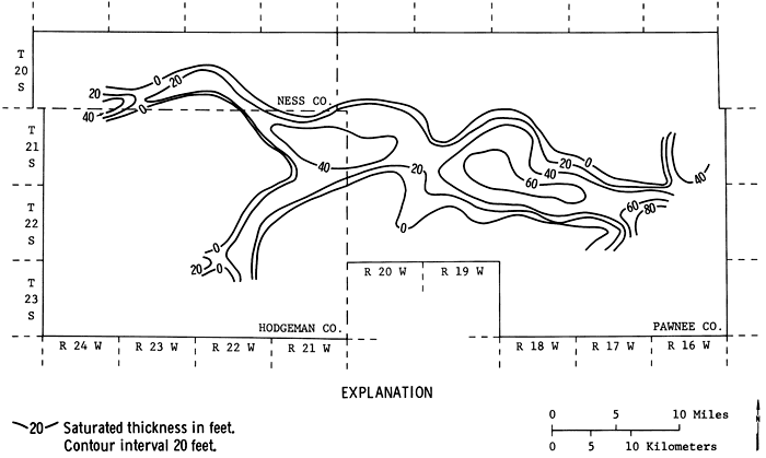 Saturated thickness 60 feet in central Pawnee; drops to 40 feet in eastern Hodgeman.