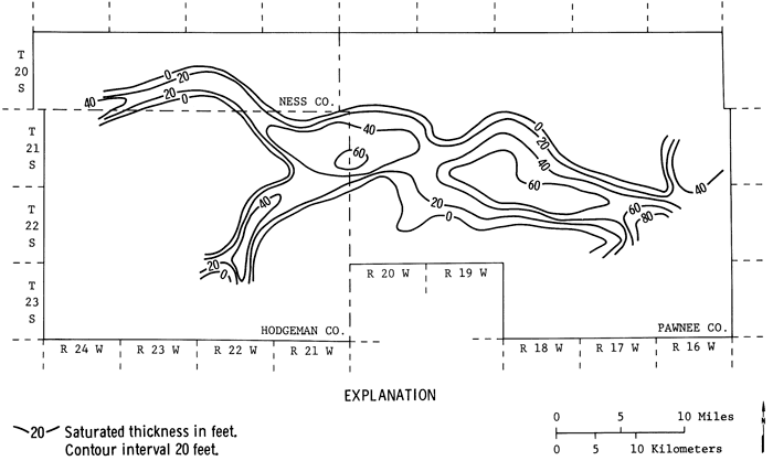 Saturated thickness 60 feet in central Pawnee; drops to 40 feet in eastern Hodgeman with a smaller 60-foot-thick zone than in 1979 map.