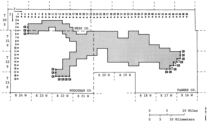 Map of study area in Hodgeman and Pawnee counties; constant head boundaries in far west and far east of model; others are no-flow.