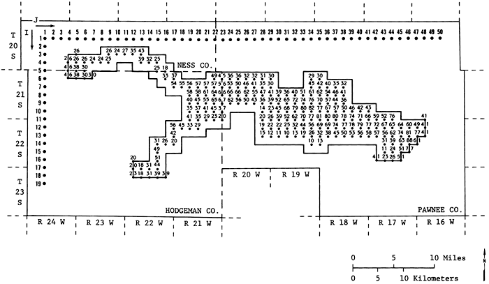 Map of study area in Hodgeman and Pawnee counties showing transmissivity values.